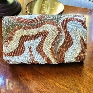 Elegant Beaded Clutch in Brown and Cream